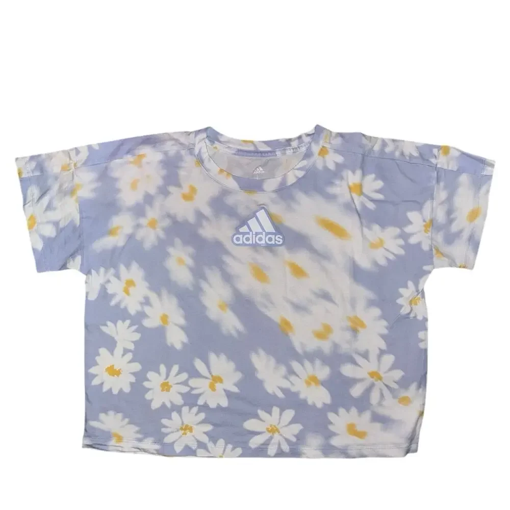 adidas Girls L All Over Print Loose Box Short Sleeve T-shirt Blue Daisy Floral